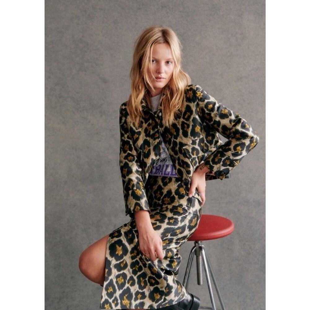Sezane Terry Jacket 34 XS Leopard Jacquard Cropped Button Front - Picture 4 of 11